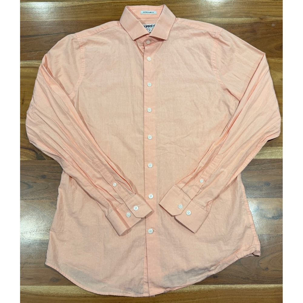 Express Extra Slim Fit Shirt Mens Medium Peach Orange Micro Check Long Sleeve